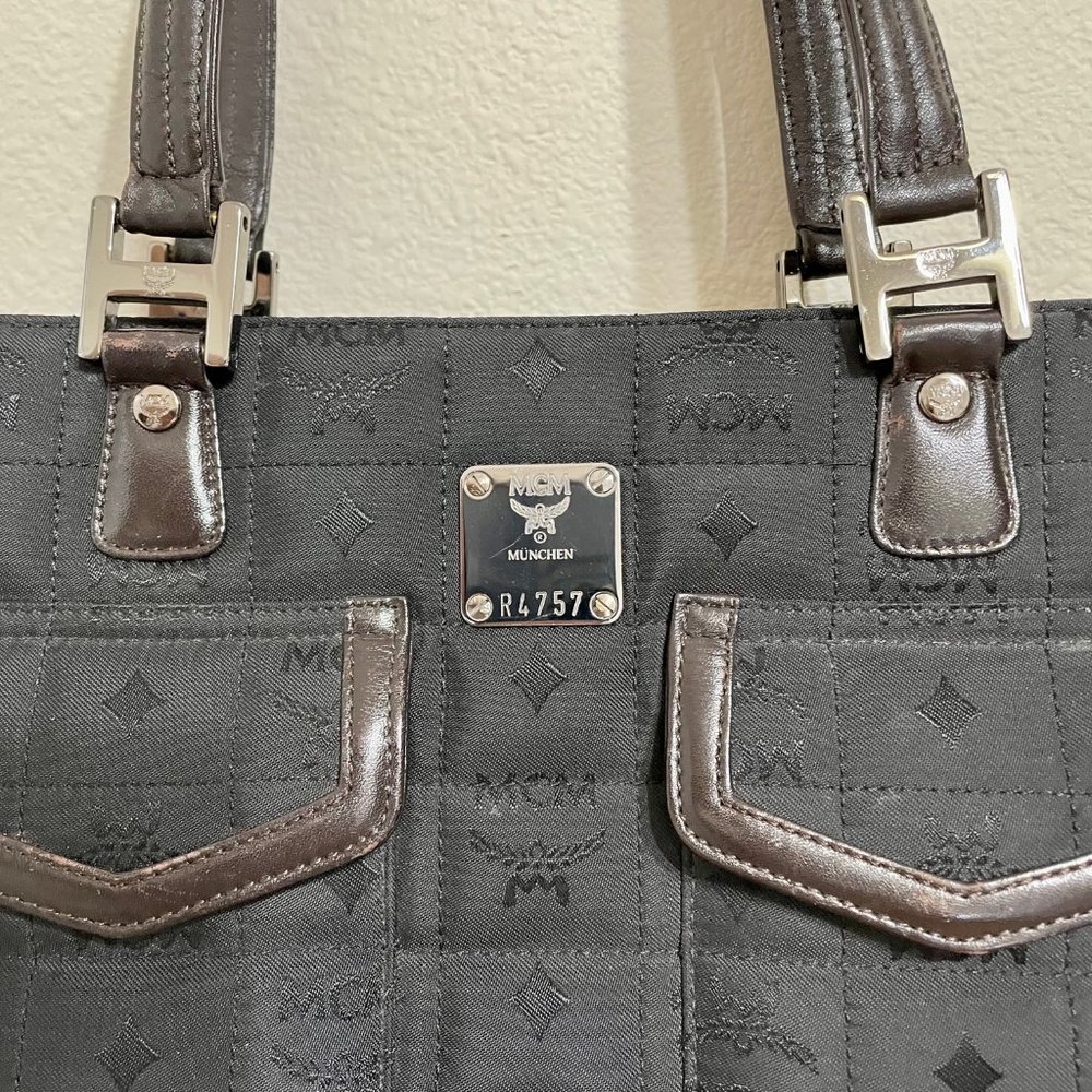 MCM Satchel black canvas brown leather trim vintage near perfect condition